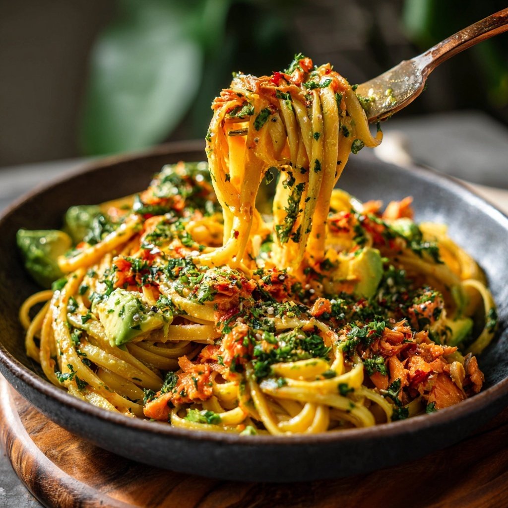 Spicy Salmon Linguine with Avocado