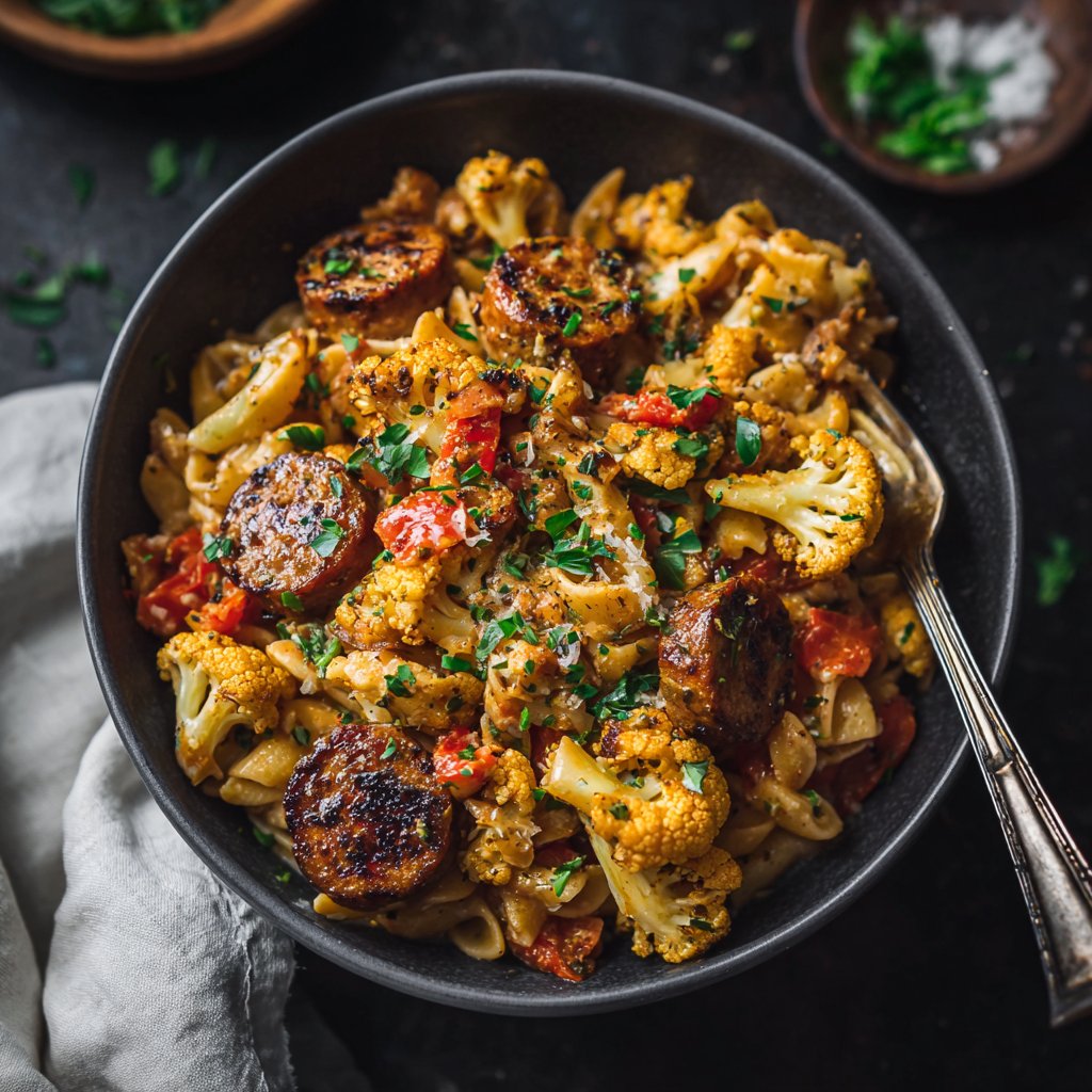 One Pot Cajun Sausage Pasta with Roasted Cauliflower