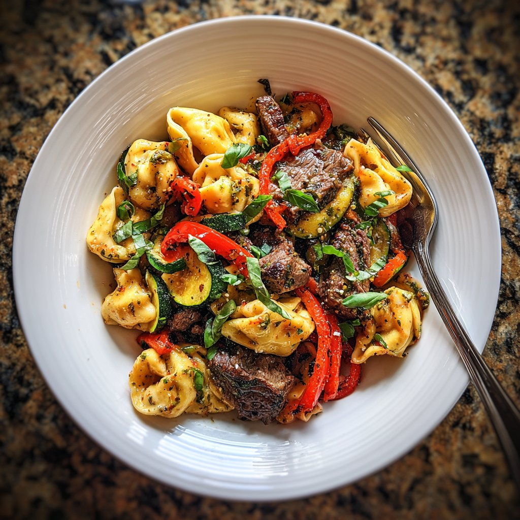 Garlic Steak Tortellini with Roasted Vegetables